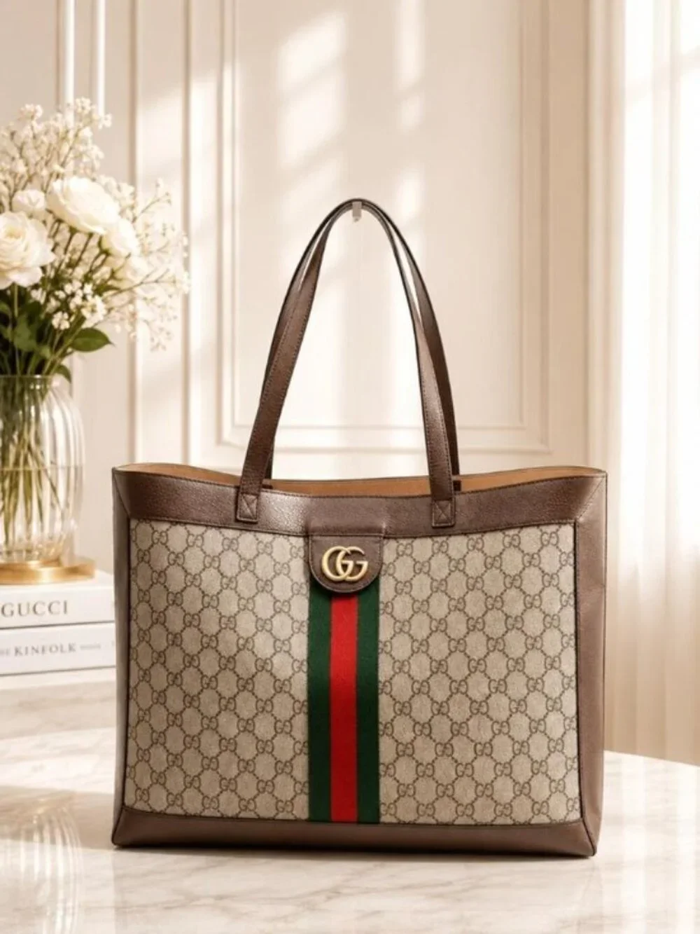 Authentic Gucci Ophidia GG Supreme Canvas Large Tote Bag Web Stripe Shoulder Bag